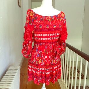 Off Shoulder Red Floral Ruffle Sleeve Mini Dress